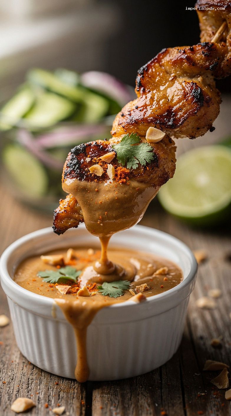 Grilled Chicken Satay Skewers with Peanut Sauce and Cucumber Relish – Closeup