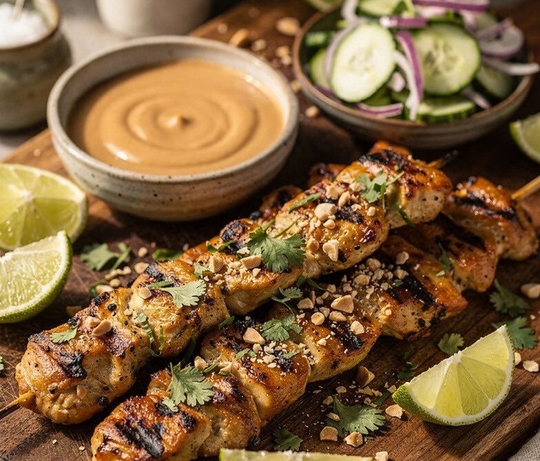 Grilled Chicken Satay Skewers with Peanut Sauce and Cucumber Relish
