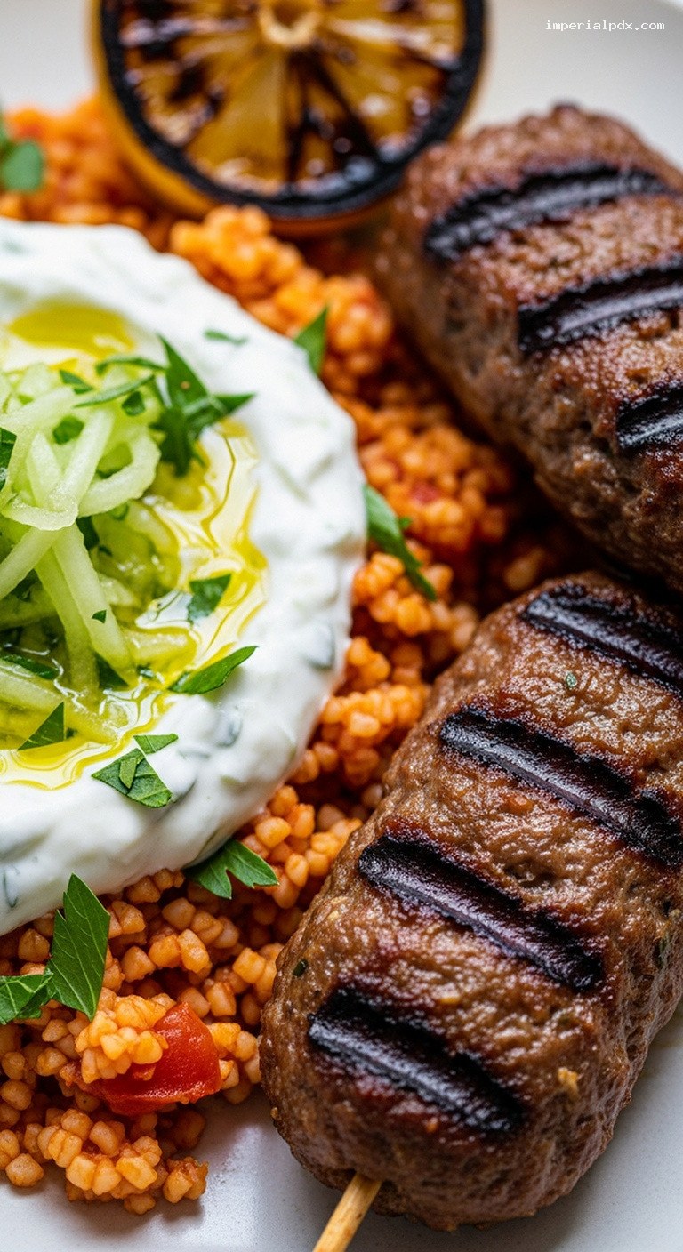 Grilled Köfte Skewers with Herby Bulgur Pilaf – Closeup
