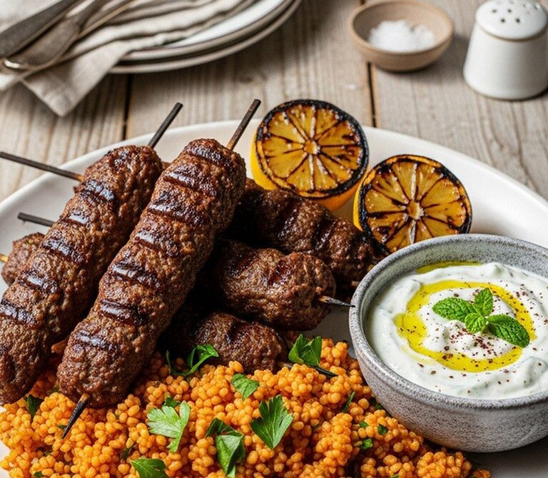 Grilled Köfte Skewers with Herby Bulgur Pilaf