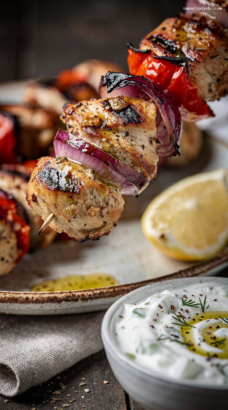 Grilled Lemon Garlic Chicken Kebabs With Tzatziki – Closeup