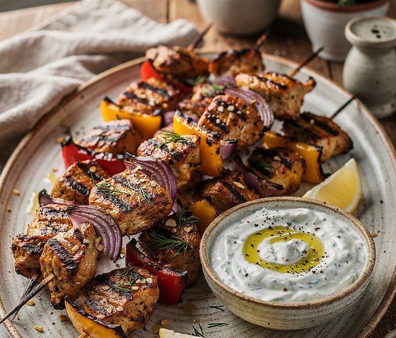 Grilled Lemon Garlic Chicken Kebabs With Tzatziki