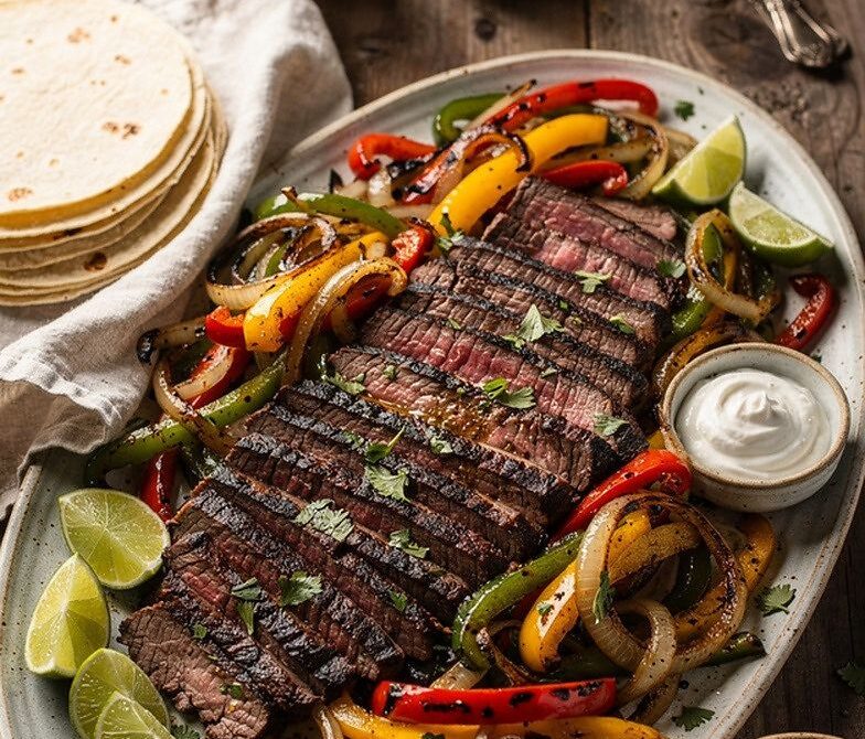 Grilled Lime-Garlic Flank Steak Fajitas with Peppers and Onions