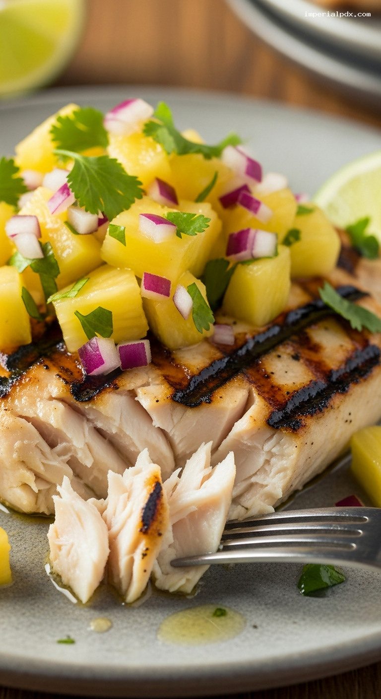 Grilled Mahi-Mahi With Pineapple Jalapeño Salsa and Lime – Closeup