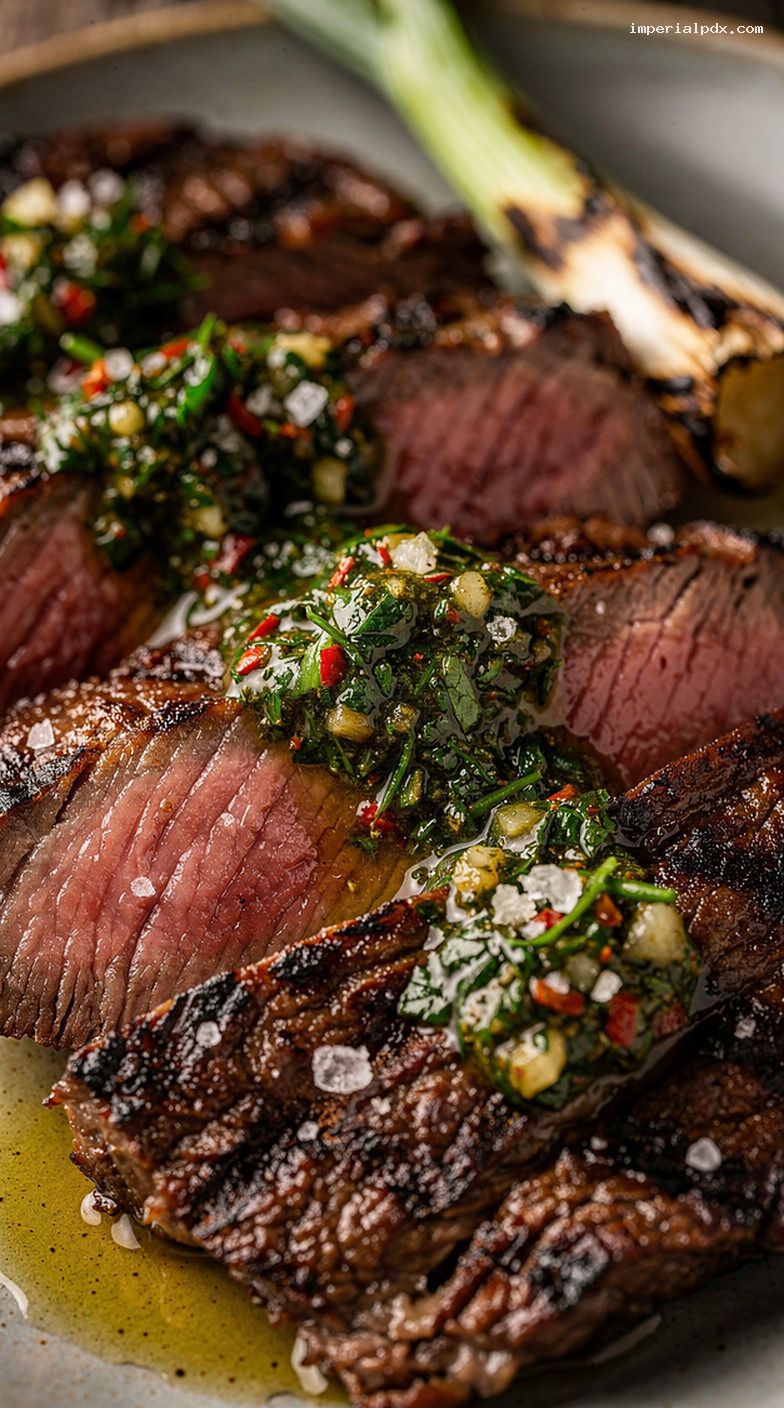 Grilled Skirt Steak With Chimichurri and Charred Scallions – Closeup