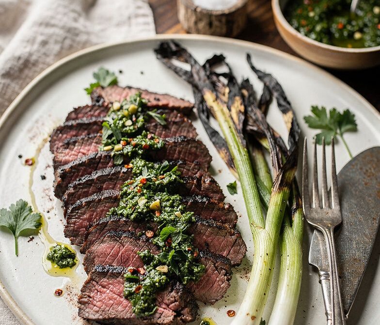 Grilled Skirt Steak With Chimichurri and Charred Scallions