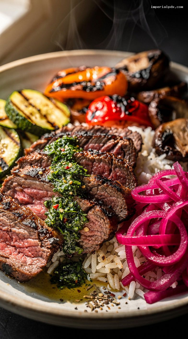 Grilled Steak and Veg Chimichurri Bowls with Pickled Onions – Closeup