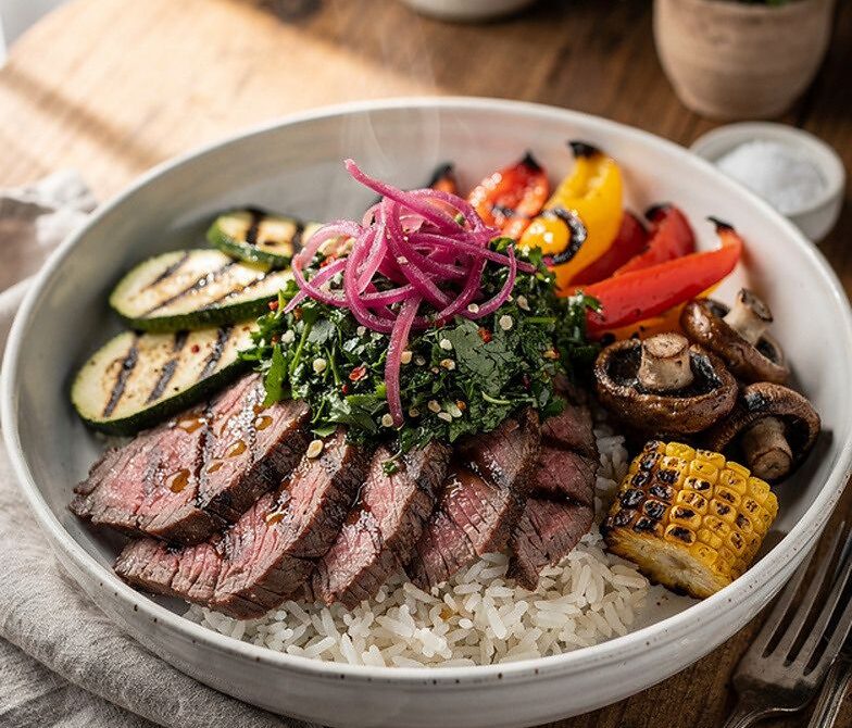 Grilled Steak and Veg Chimichurri Bowls with Pickled Onions
