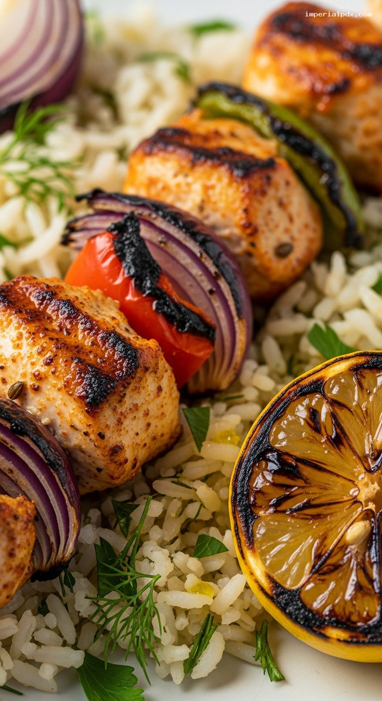 Grilled Tavuk Şiş With Peppers and Herbed Rice – Closeup
