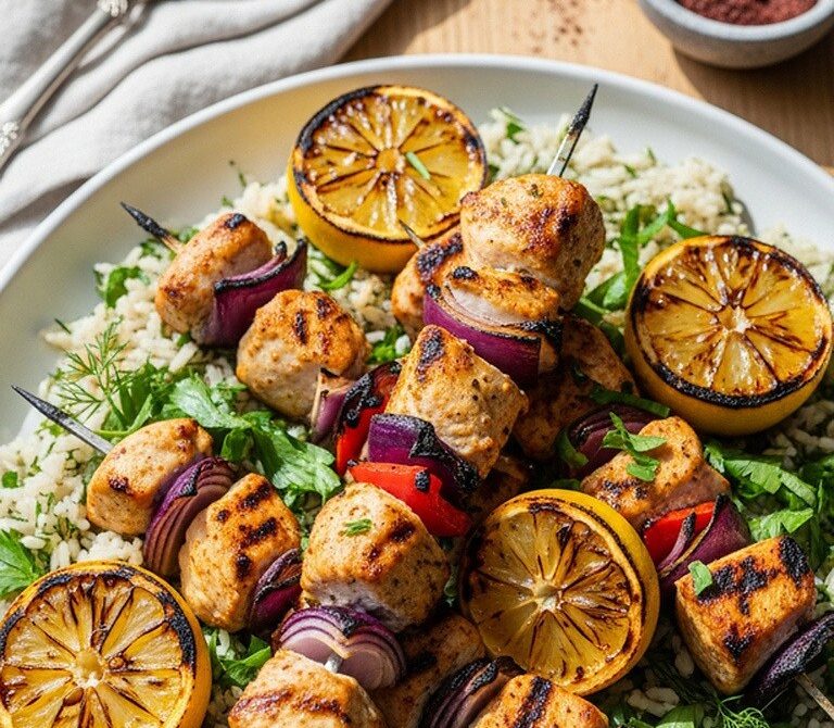 Grilled Tavuk Şiş With Peppers and Herbed Rice