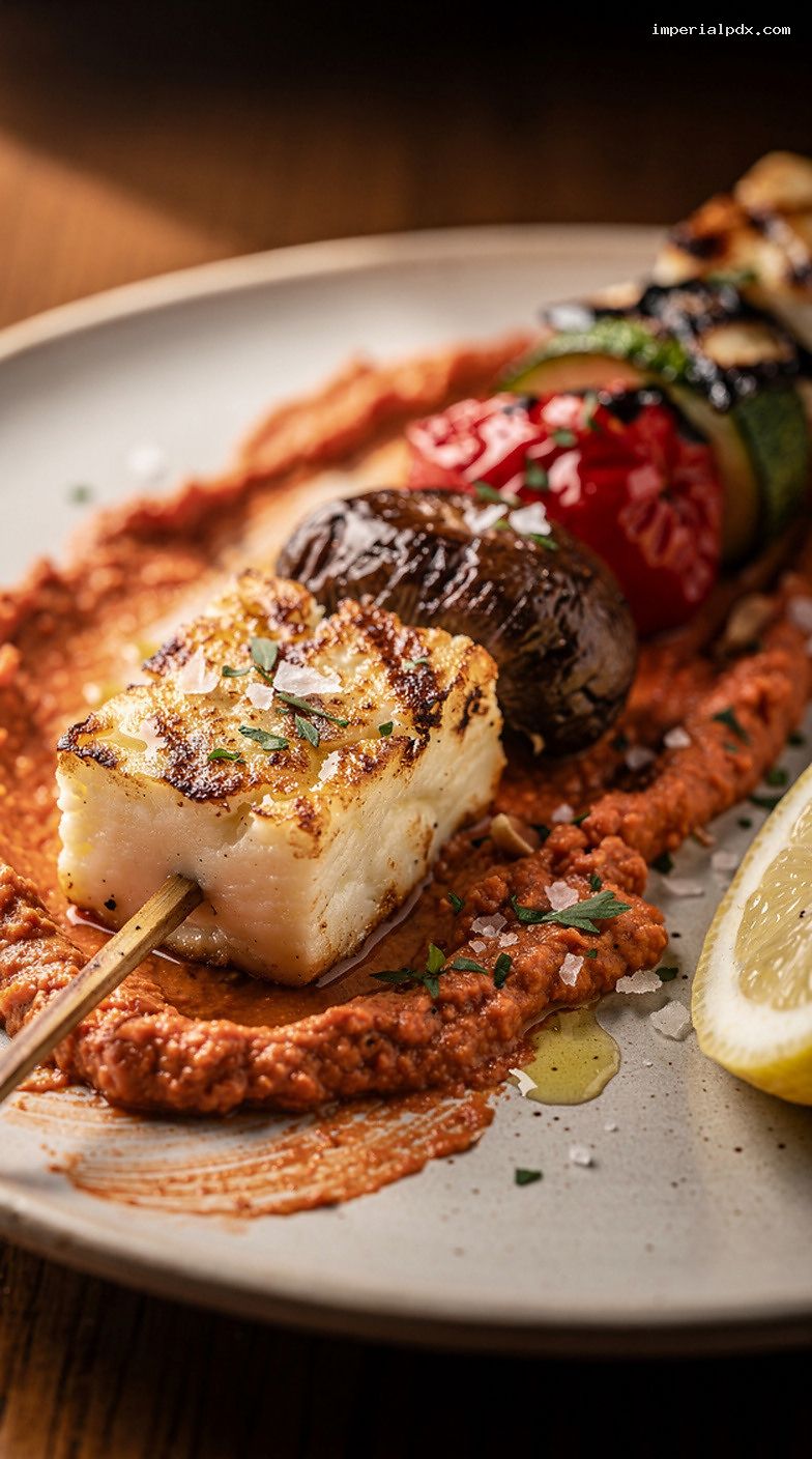 Grilled Veggie and Halloumi Kebabs With Smoky Romesco Sauce – Closeup