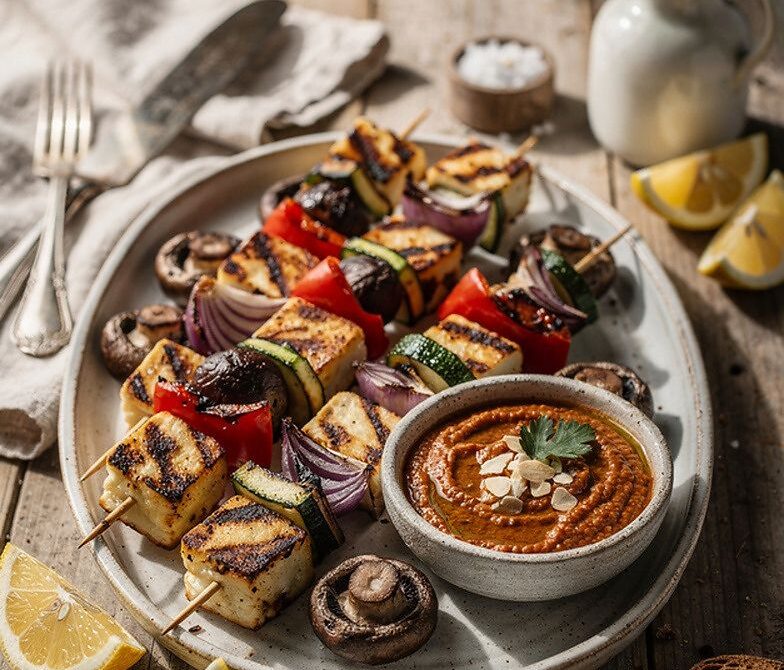 Grilled Veggie and Halloumi Kebabs With Smoky Romesco Sauce