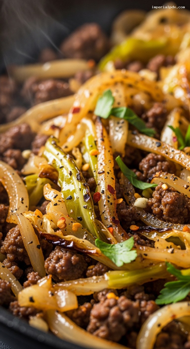 Ground Beef and Cabbage Skillet with Caramelized Onions – Closeup
