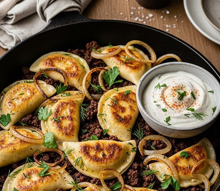 Ground Beef Pierogi Skillet With Caramelized Onions