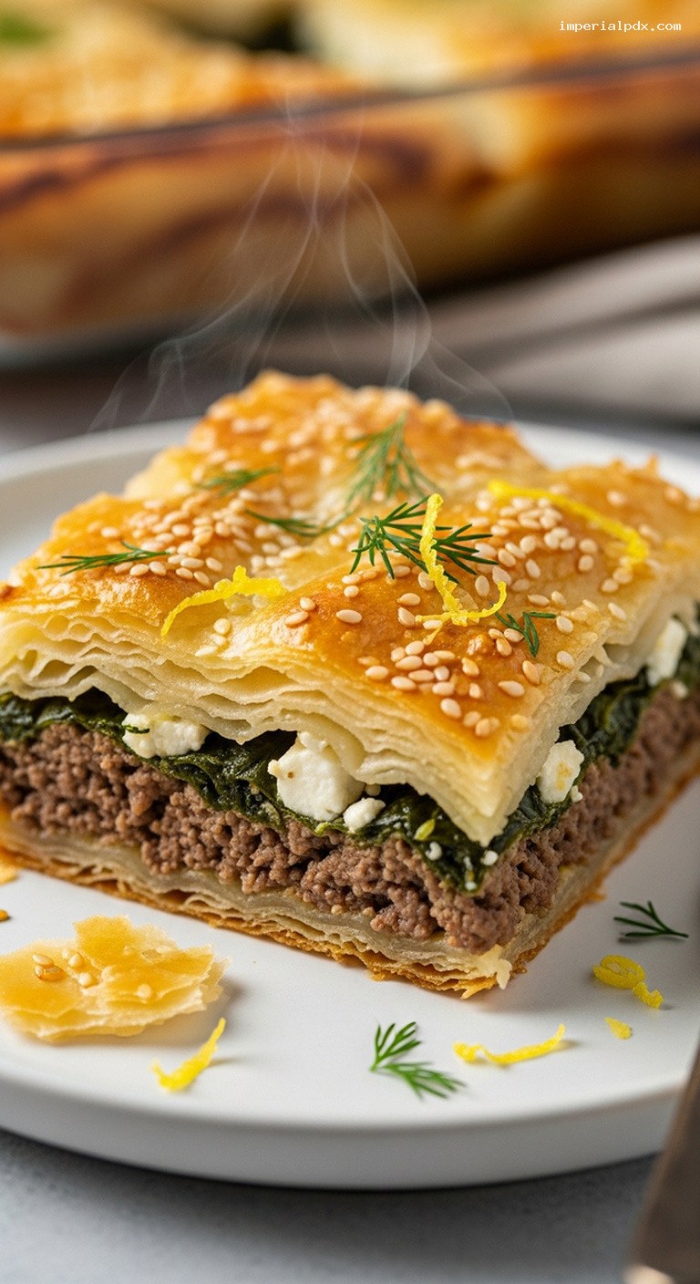 Ground Beef Spanakopita Bake With Spinach and Dill – Closeup