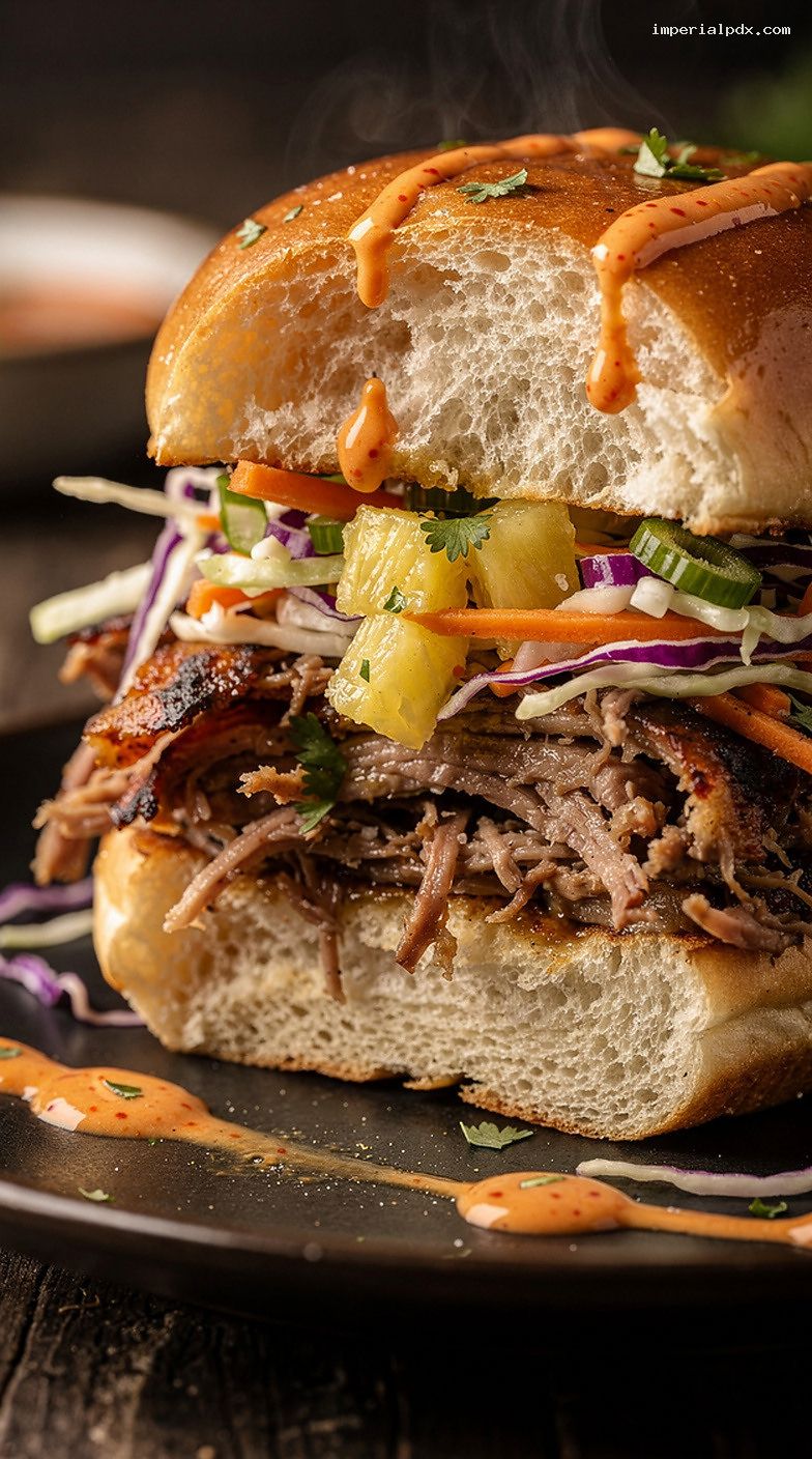 Hawaiian Kalua Pork Sliders With Pineapple Slaw And Spicy Mayo – Closeup