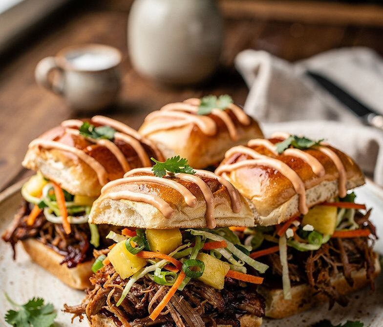 Hawaiian Kalua Pork Sliders With Pineapple Slaw And Spicy Mayo