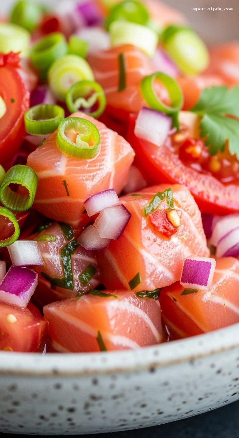 Hawaiian Lomi-Lomi Salmon With Tomatoes, Onion, and Chili – Closeup