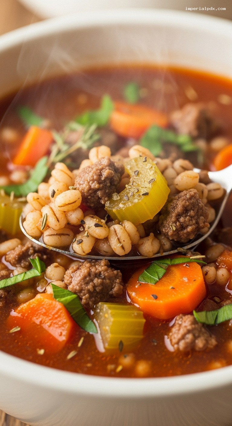Hearty Beef and Barley Soup with Vegetables – Closeup