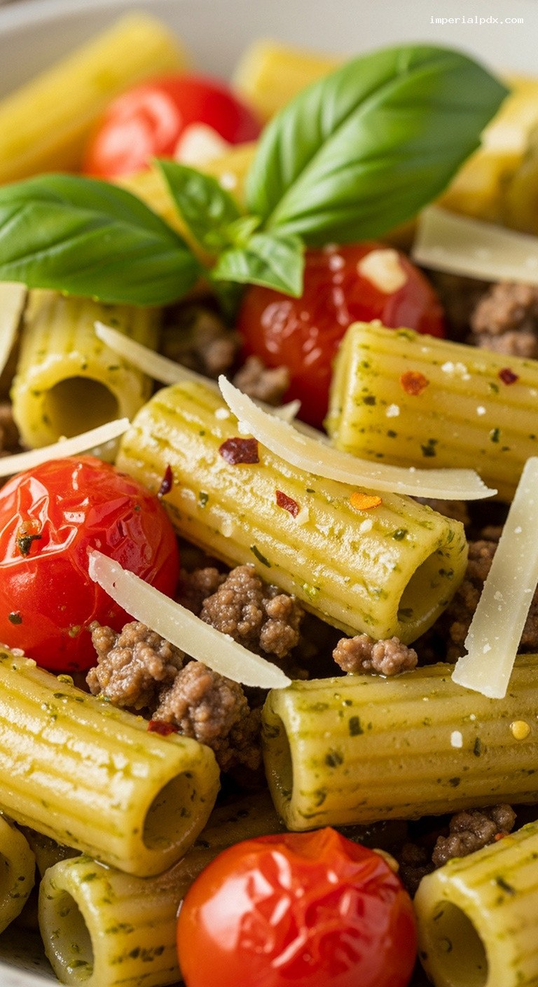 Hearty Beef Pesto Rigatoni With Tomatoes and Basil – Closeup
