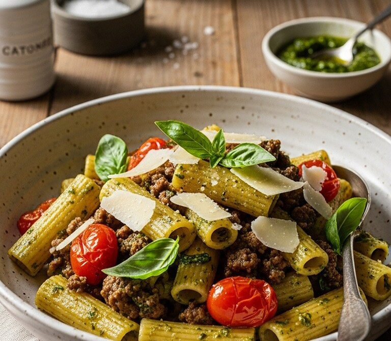 Hearty Beef Pesto Rigatoni With Tomatoes and Basil