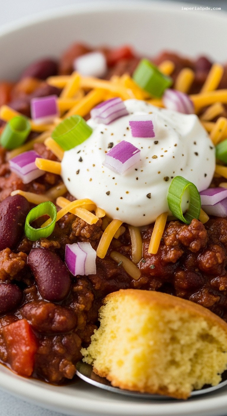 Hearty Chili Con Carne with Beans and Cheddar – Closeup