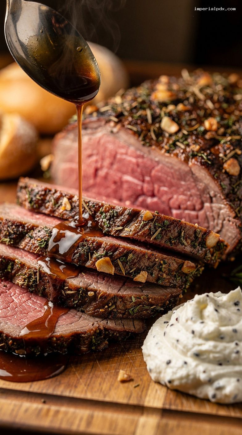 Herb-Crusted Prime Rib with Au Jus and Horseradish Sauce – Closeup