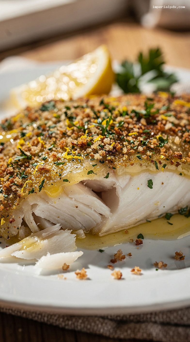 Herb Mustard Crusted Baked Cod with Lemon Garlic Breadcrumbs – Closeup