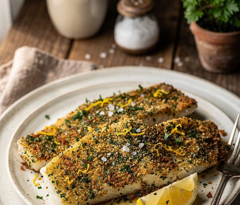 Herb Mustard Crusted Baked Cod with Lemon Garlic Breadcrumbs