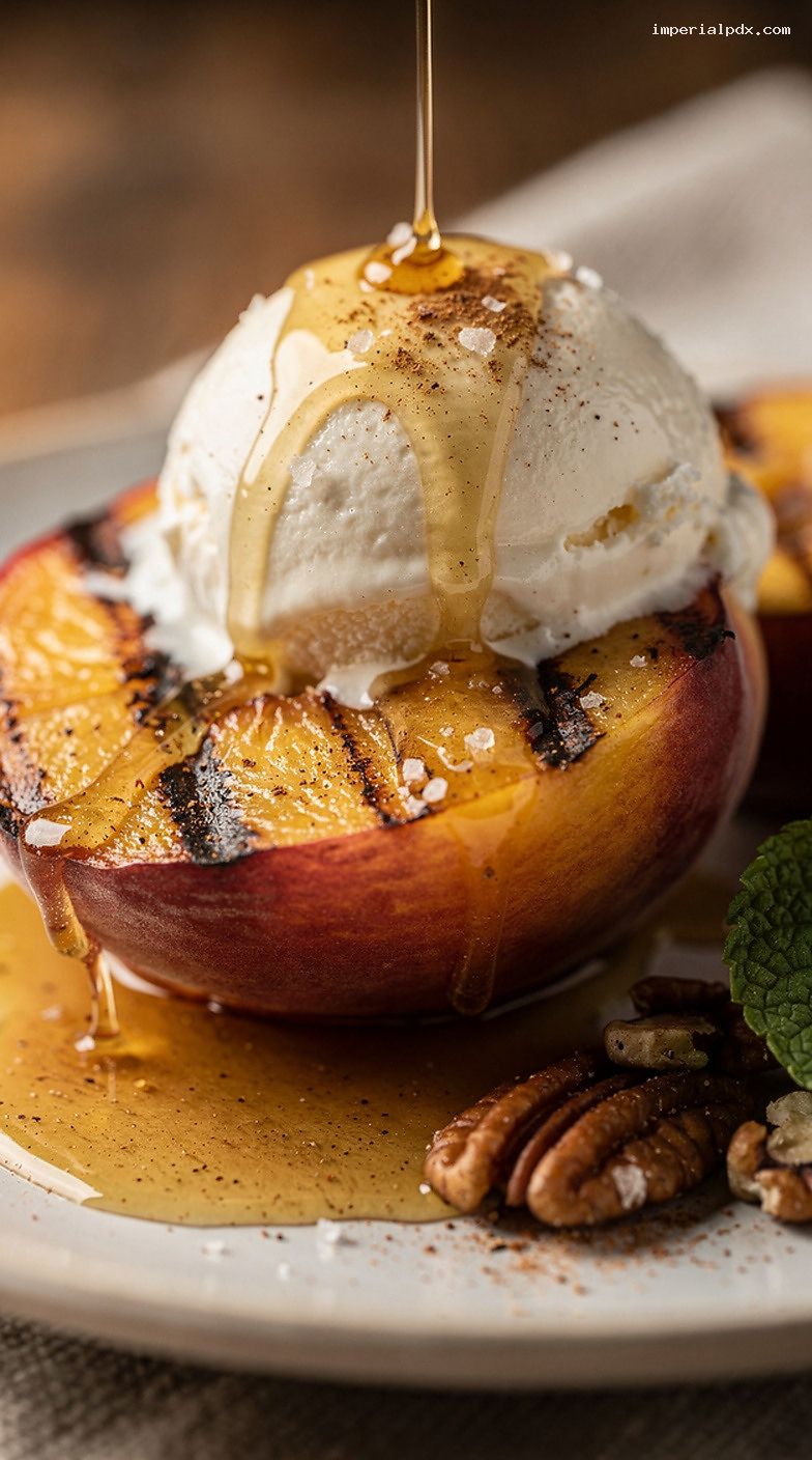 Honey Cinnamon Grilled Peaches With Vanilla Ice Cream – Closeup