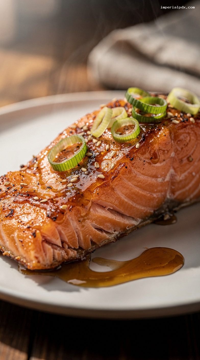 Honey Garlic Baked Salmon With Sesame and Scallions – Closeup
