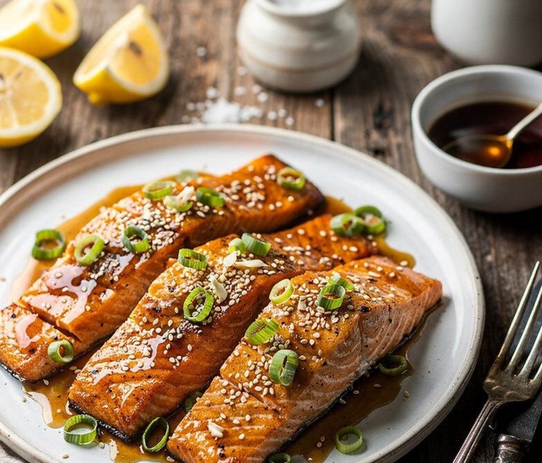 Honey Garlic Baked Salmon With Sesame and Scallions