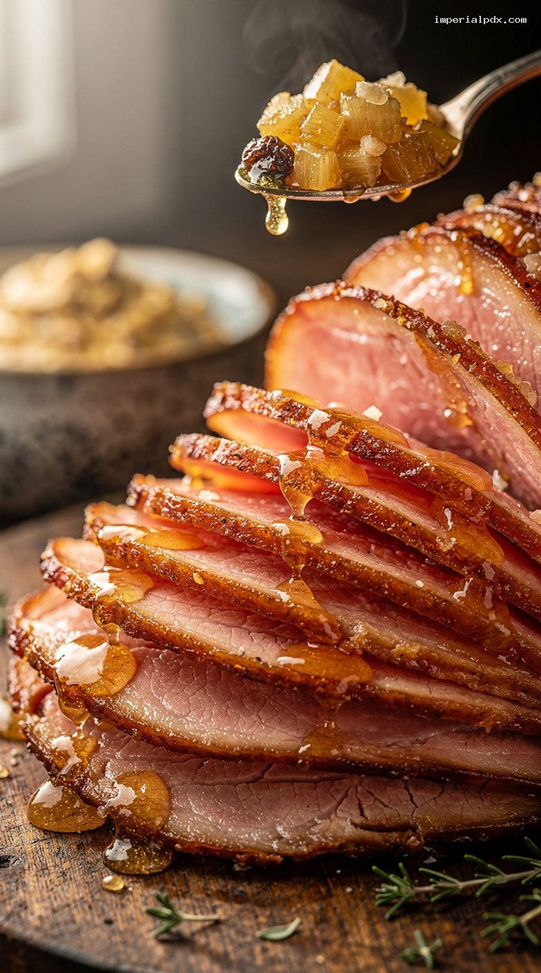 Honey-Glazed Spiral Ham Carving Station with Mustard and Rolls – Closeup