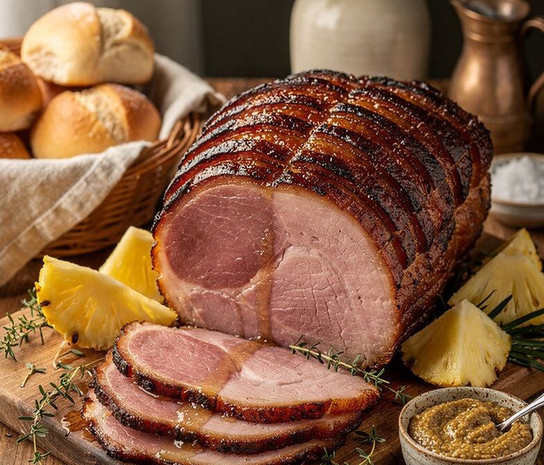 Honey-Glazed Spiral Ham Carving Station with Mustard and Rolls