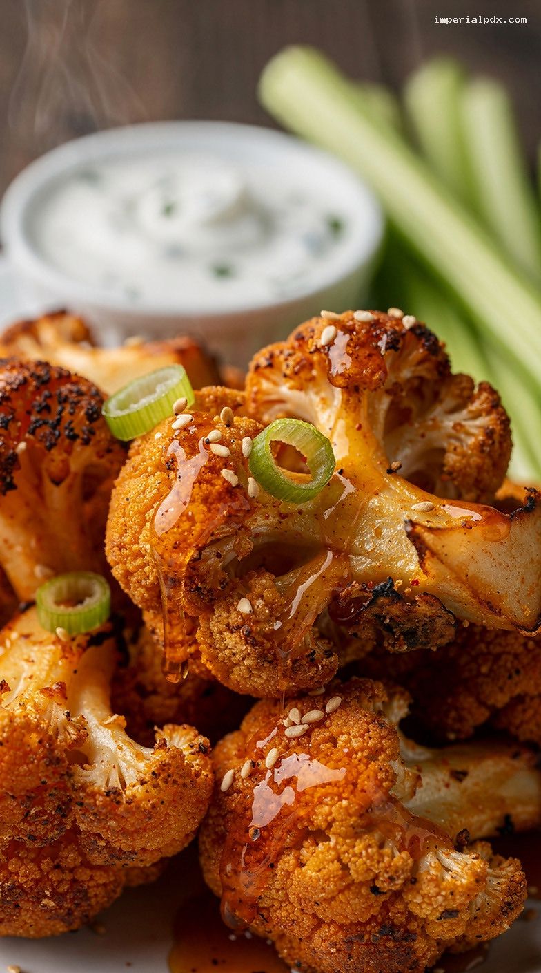 Honey-Sriracha Cauliflower Wings with Ranch Dip – Closeup