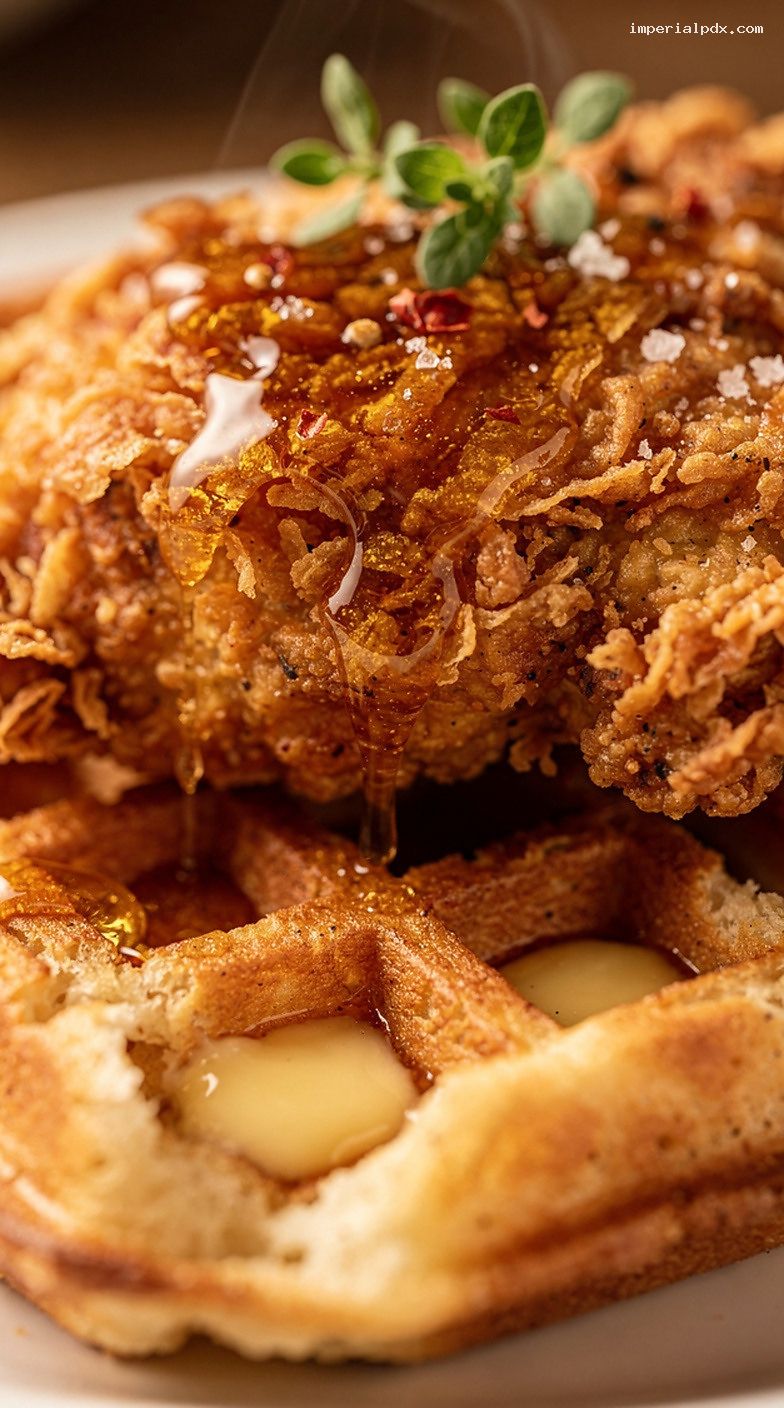 Hot Honey Chicken and Waffles with Crispy Chicken – Closeup