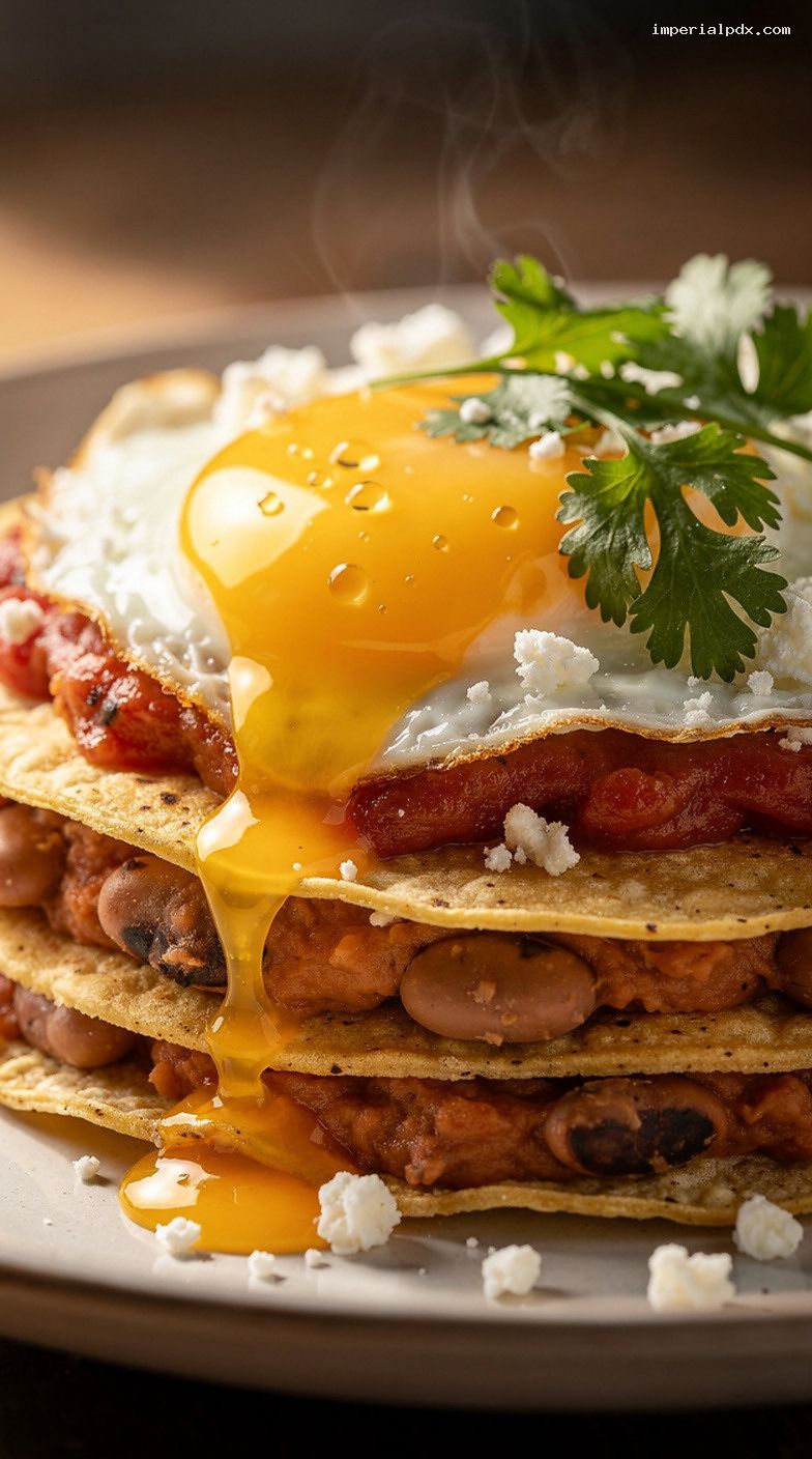 Huevos Rancheros with Beans, Salsa Roja, and Fried Eggs – Closeup