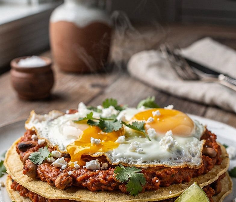 Huevos Rancheros with Beans, Salsa Roja, and Fried Eggs