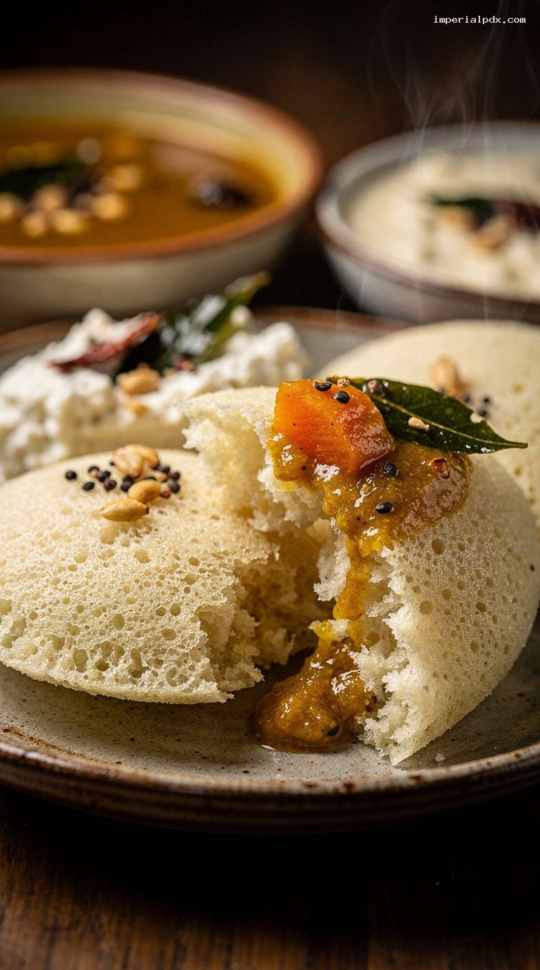 Idli With Sambar and Coconut Chutney Recipe – Closeup