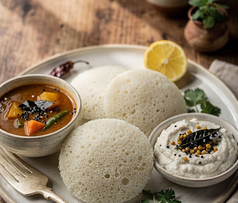 Idli With Sambar and Coconut Chutney Recipe