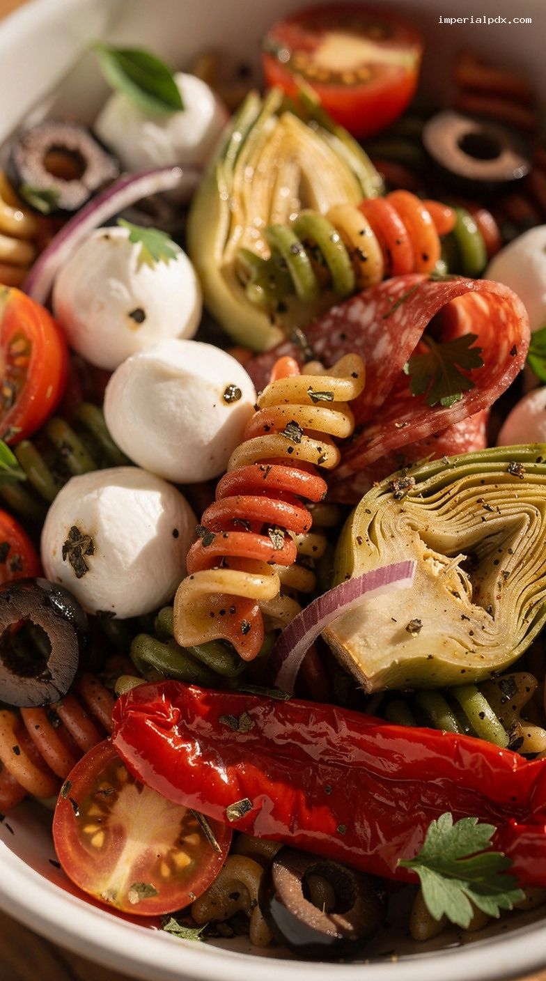 Italian Antipasto Pasta Salad With Oregano Red Wine Vinaigrette – Closeup