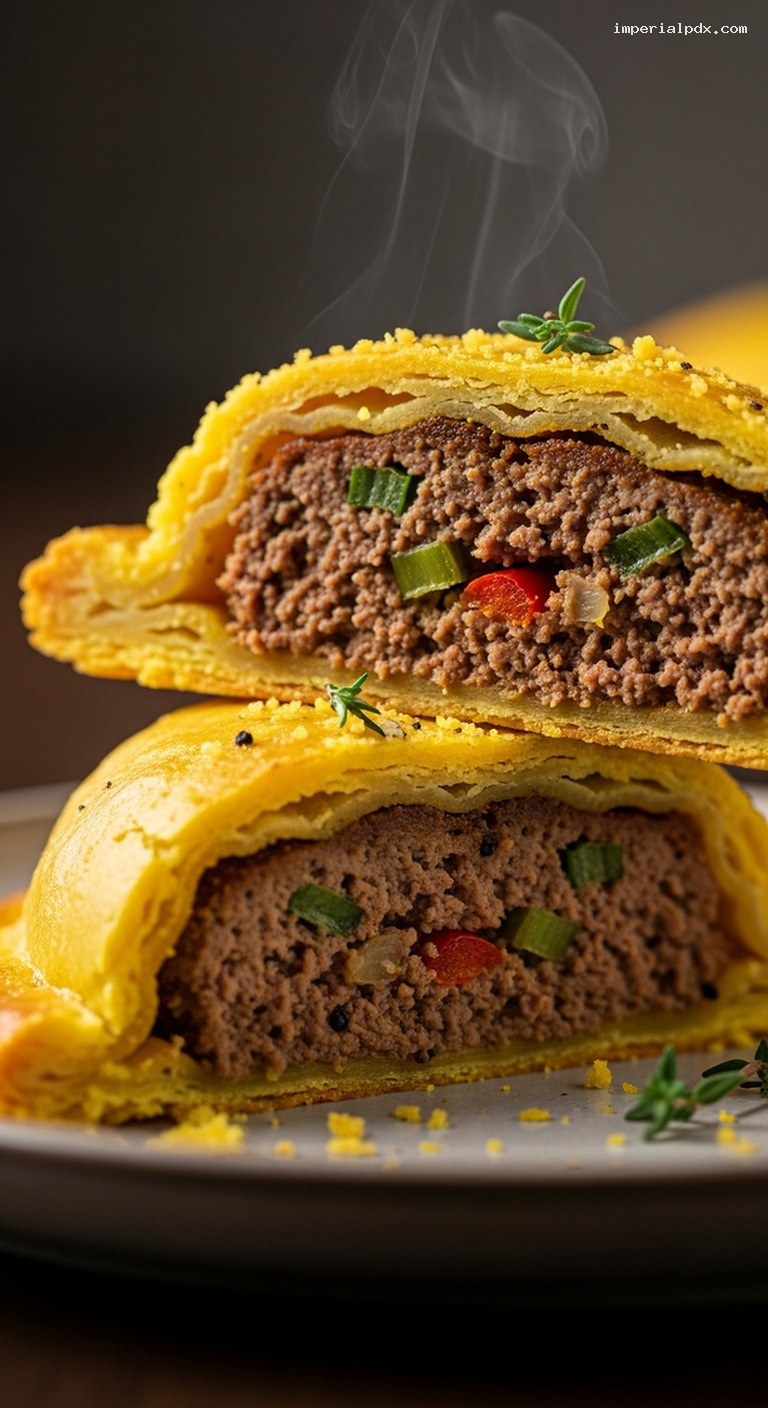 Jamaican Beef Patties with Flaky Turmeric Crust – Closeup