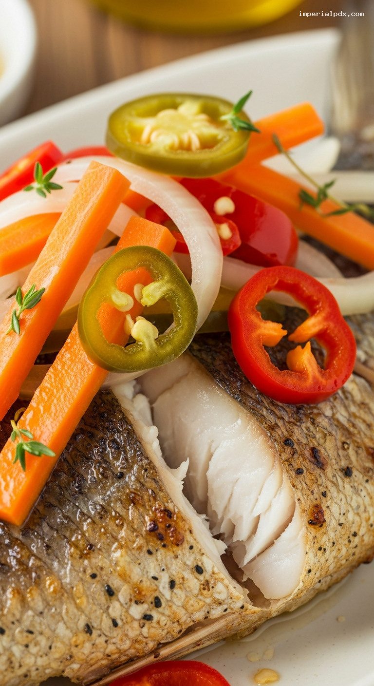 Jamaican Escovitch Snapper with Spicy Pickled Vegetables – Closeup