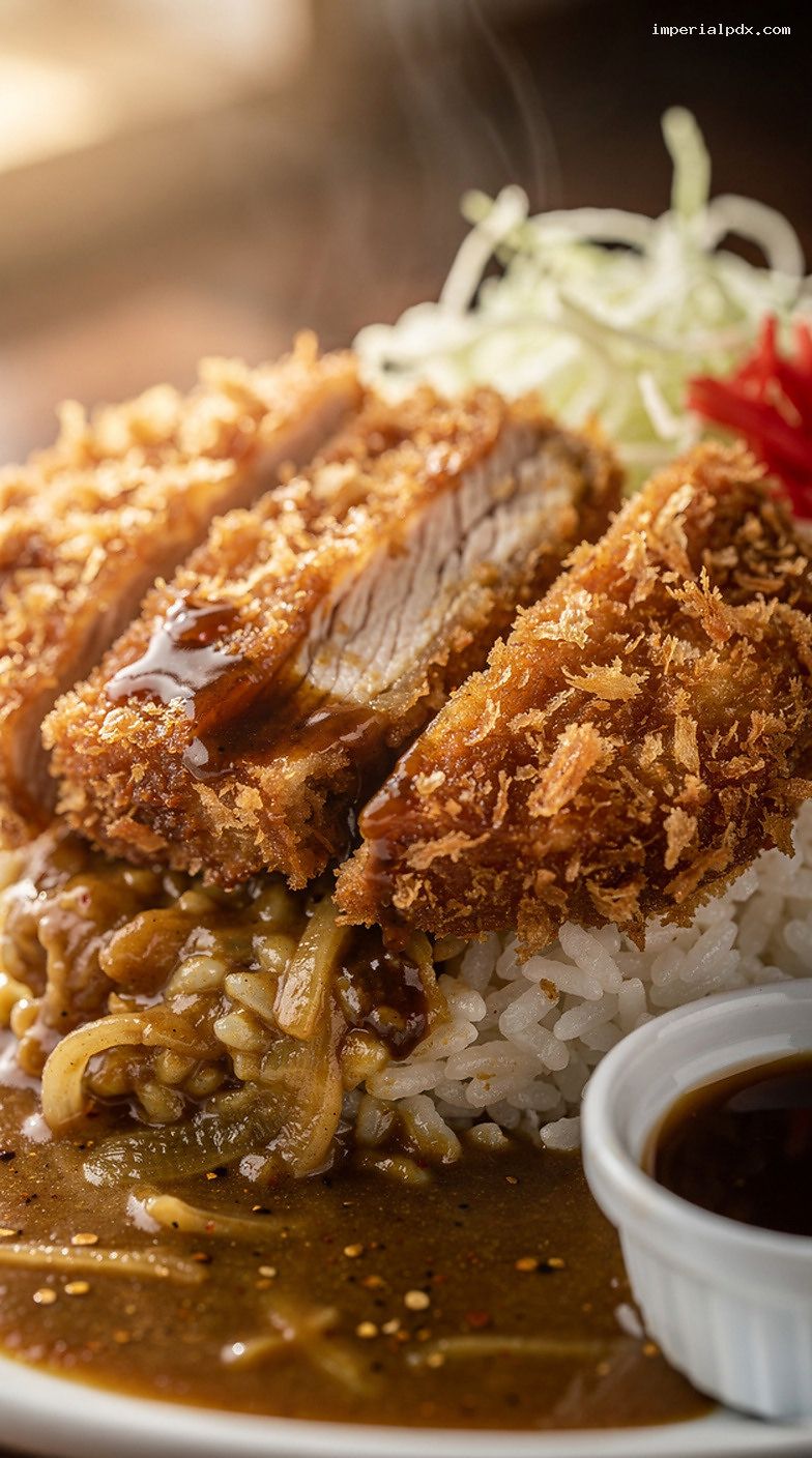 Japanese Katsu Curry Bowls With Crispy Cutlets and Rice – Closeup