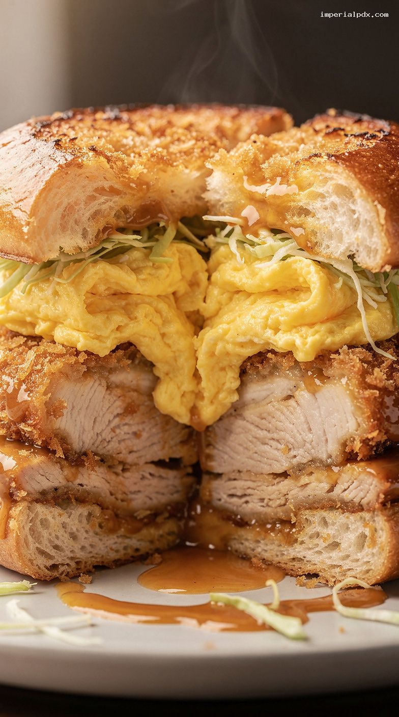 Katsu Chicken and Soft Egg Breakfast Sandwich – Closeup