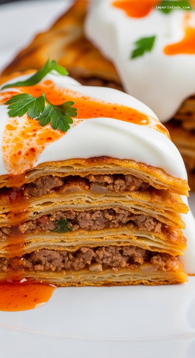 Kayseri Yağlama: Turkish Flatbread Lasagna With Spiced Meat – Closeup