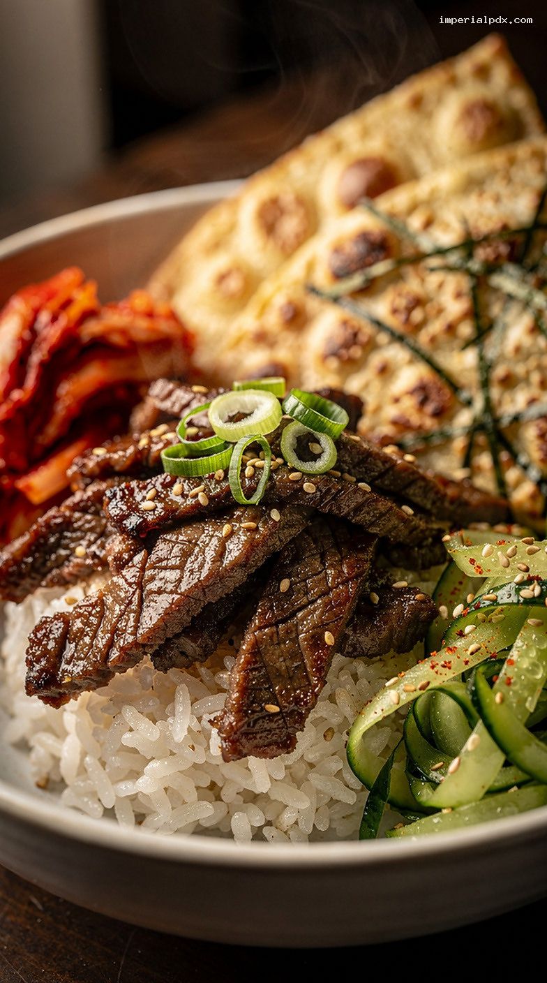 Korean Bulgogi Beef With Jasmine Rice and Korean Side Dishes – Closeup