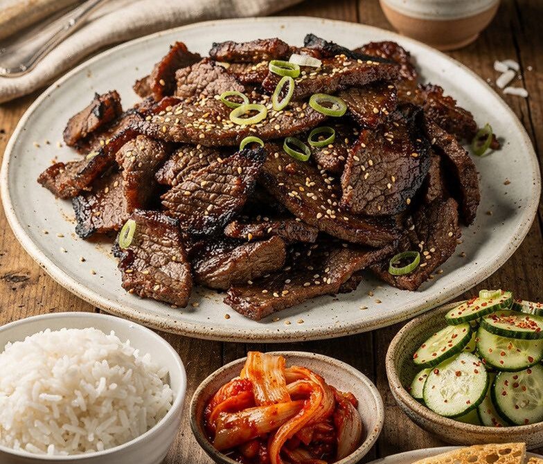 Korean Bulgogi Beef With Jasmine Rice and Korean Side Dishes