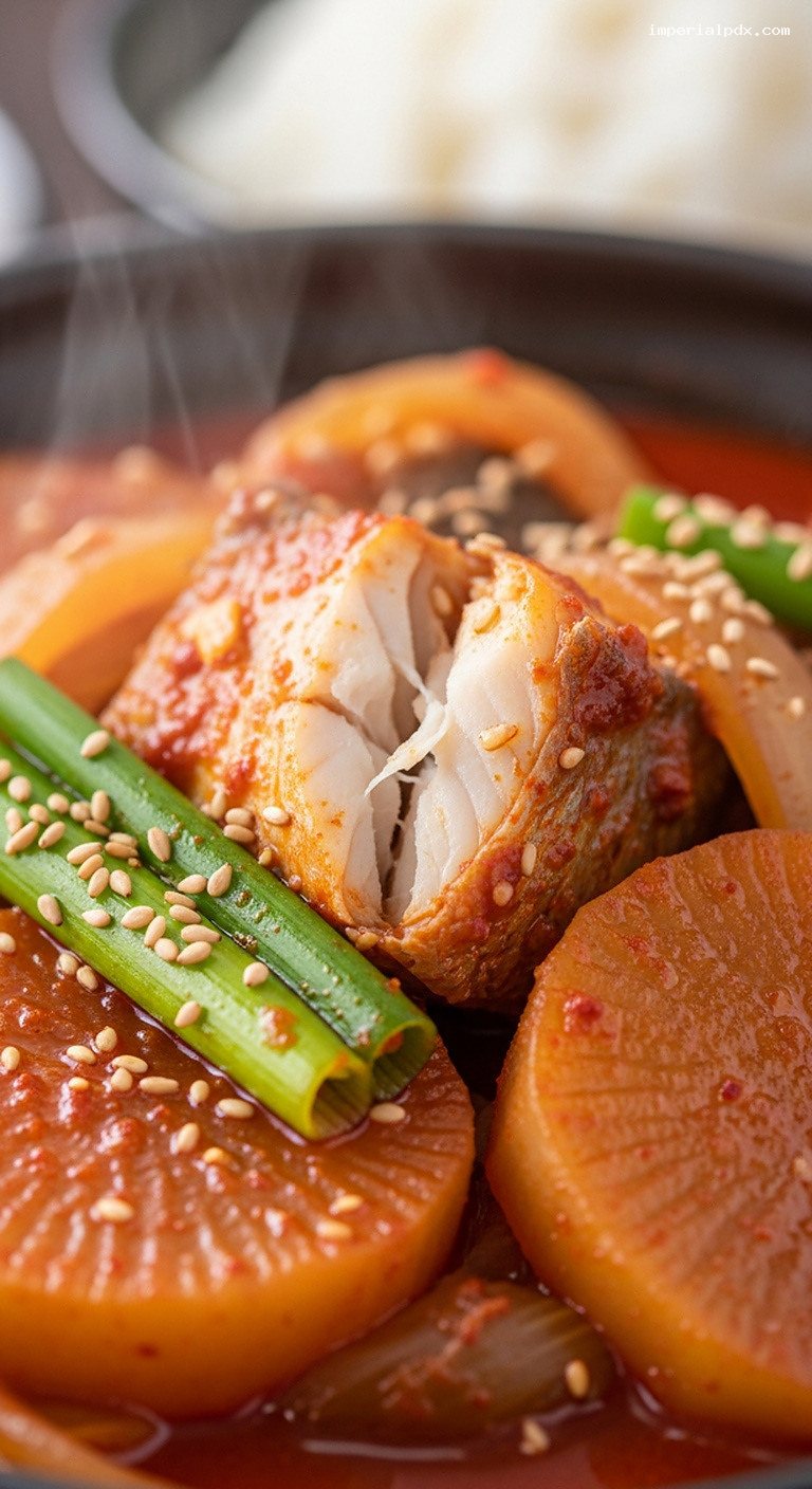 Korean Spicy Braised Pollock With Daikon and Scallions – Closeup