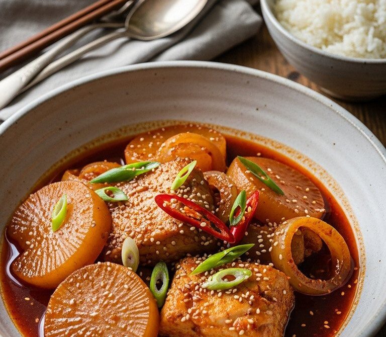 Korean Spicy Braised Pollock With Daikon and Scallions